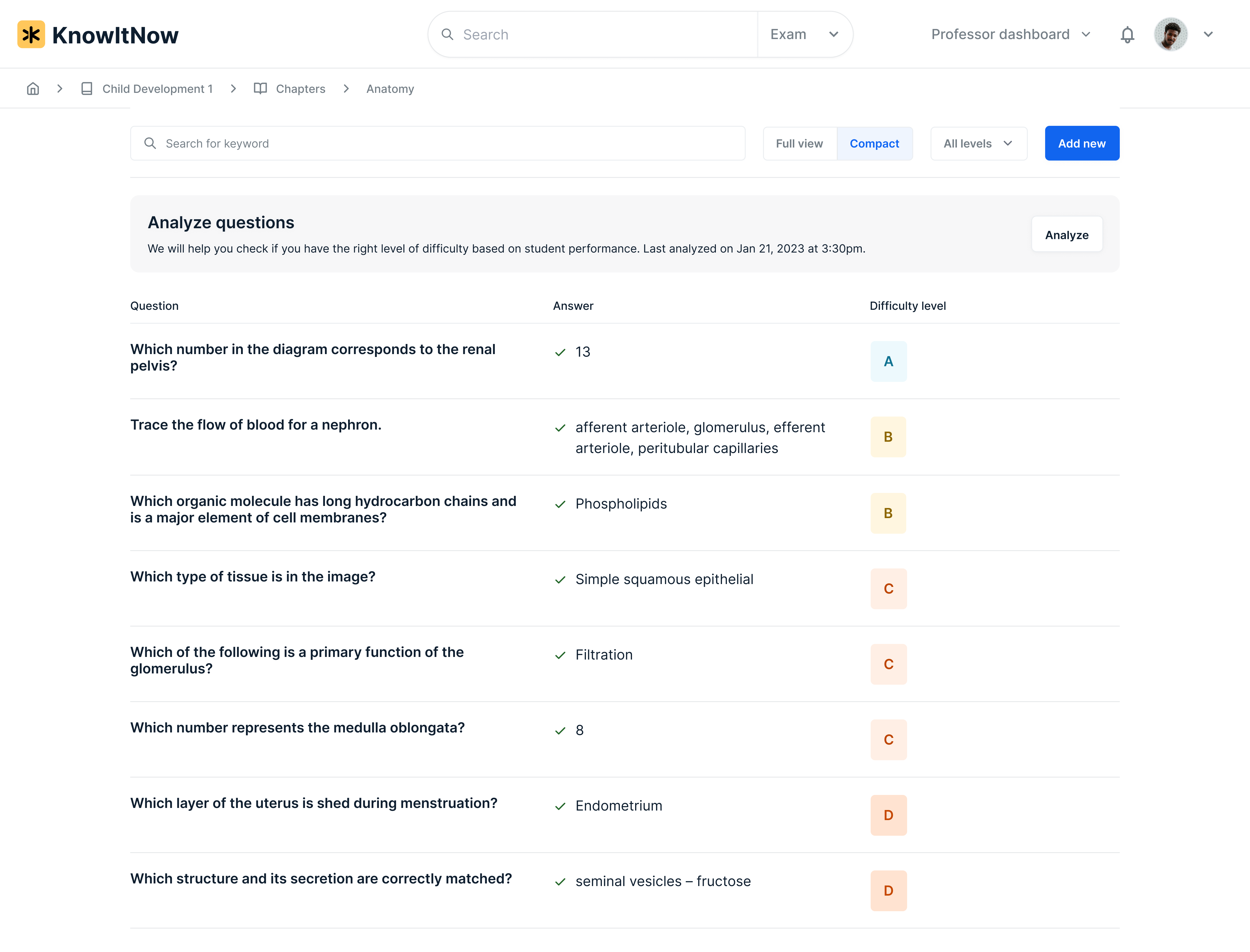 Question management interface showing individual questions with answers and difficulty levels